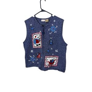 Bobbie Brooks Womens Blue Christmas Sweater Vest Zip Front Santa Sleigh XL 16/18